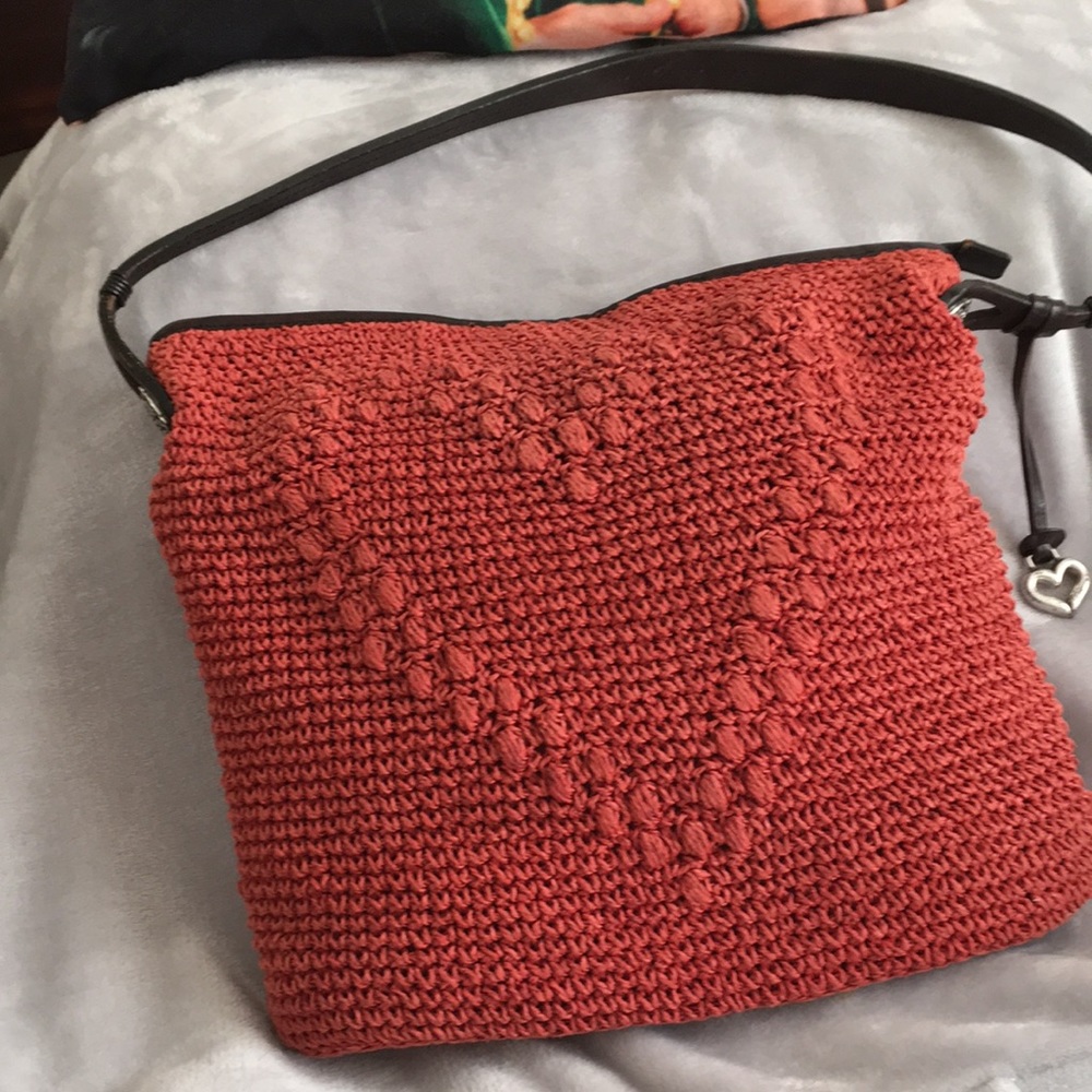 Handwoven Coral Shoulder Bag with Heart Stitch Detail